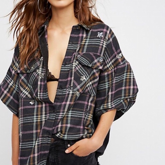 Free People Constellations Within Plaid Shacket Jacket Button Up Top XS - Picture 2 of 12